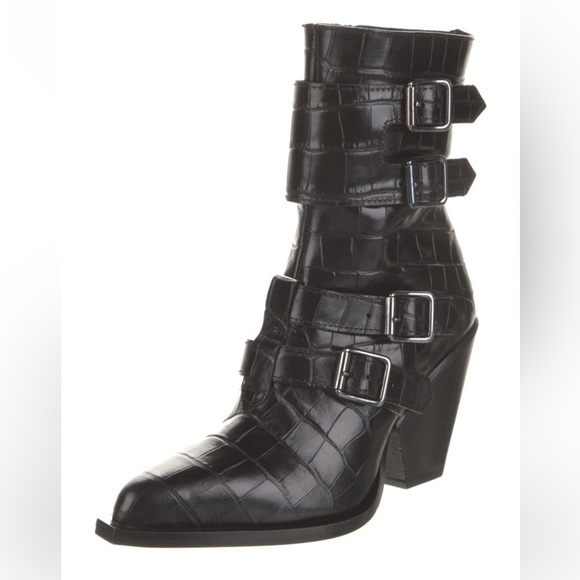 Pinko Lucciola Black Leather Croc Print Moto Boots - Picture 2 of 11